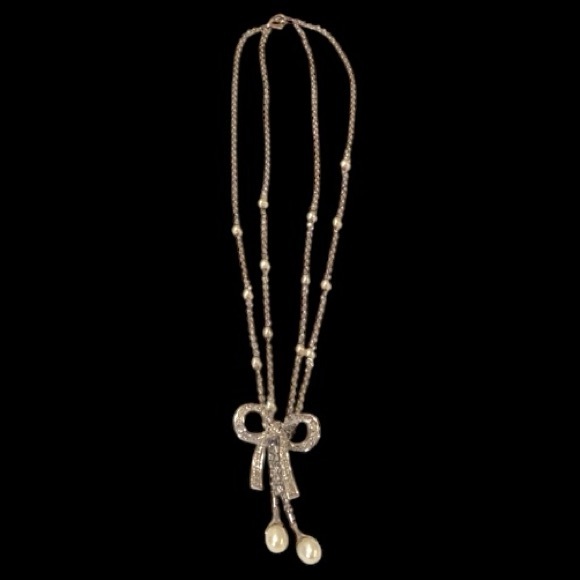 925 SILVER SET RIBBON BOW DROP NECKLACE & EARRINGS with DIAMONDS & PEARL ACCENTS - Picture 5 of 12